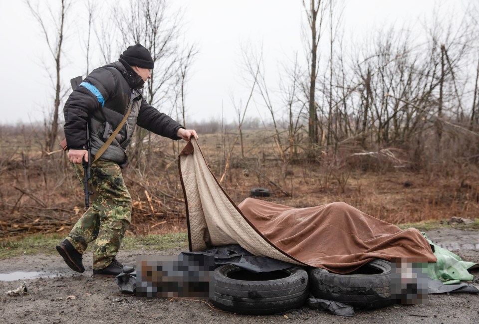 A civilian defence force looks at four dead civilians on the side of a highway under a blanket 20km from Kyiv