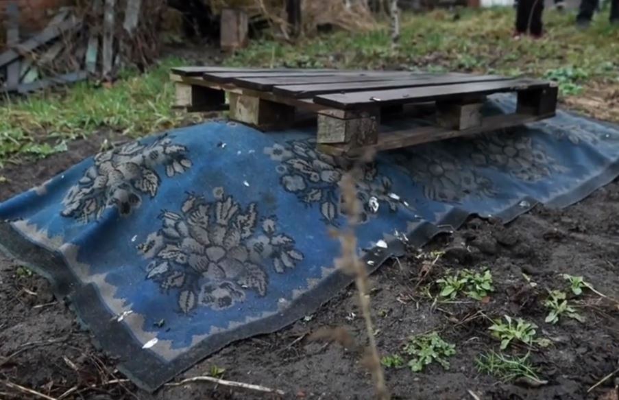 Iryna covered he son's grave with a blanket to protect it from the dogs