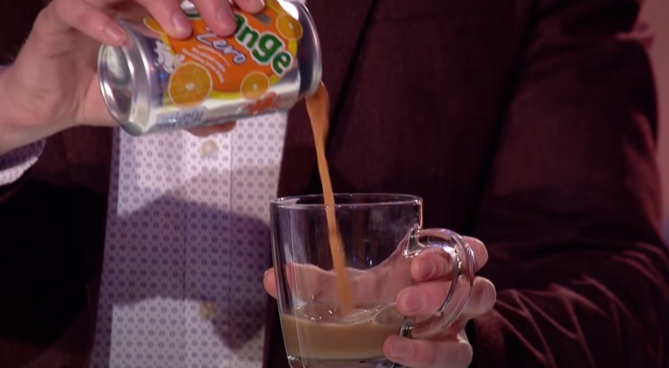 Richard turning a fizzy drink into hot milky tea for David Walliams