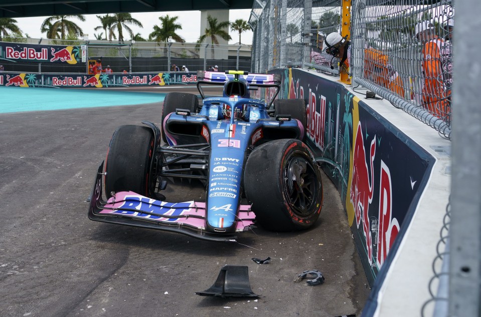 Esteban Ocon crashed into the wall on turn 14 on the new Miami track in Saturday's final practice