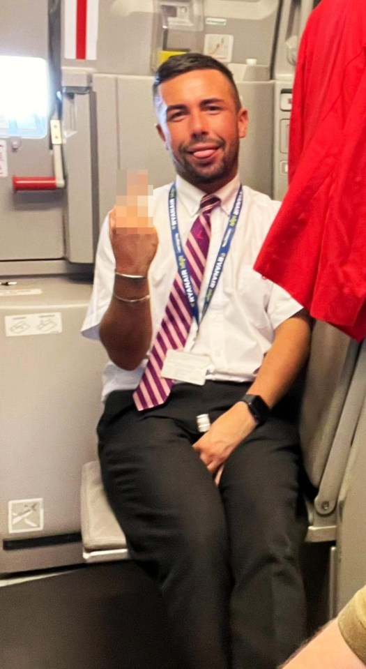 The steward made an obscene gesture to the camera — but was arrested on landing