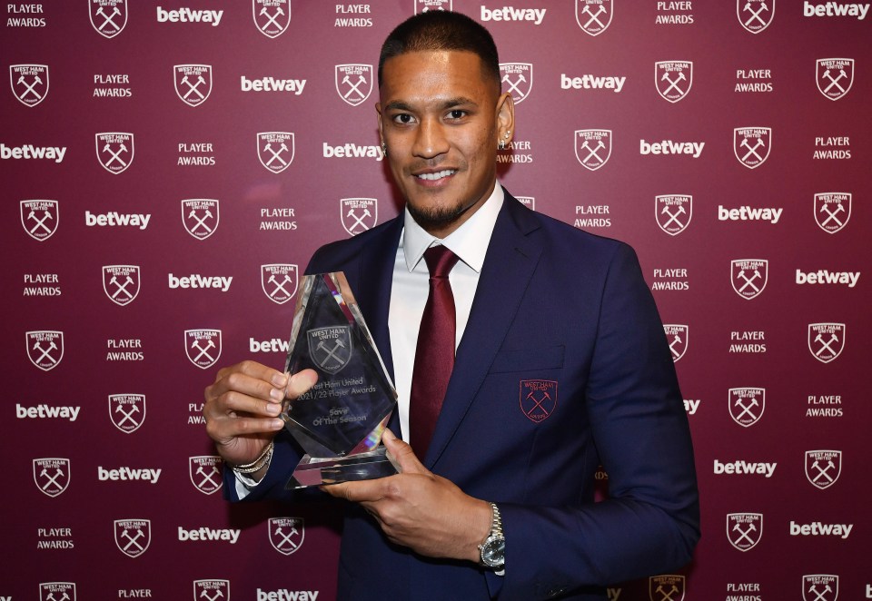 Alphonse Areola picked up the save of the season trophy at West Ham's player award ceremony for a fantastic save denying Sevilla from going two up in the Europa League last 16 stage