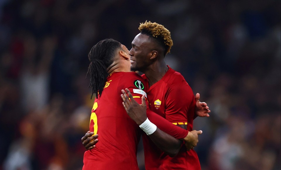 Chris Smalling (left) celebrates with Tammy Abraham after playing a vital role in Roma's win