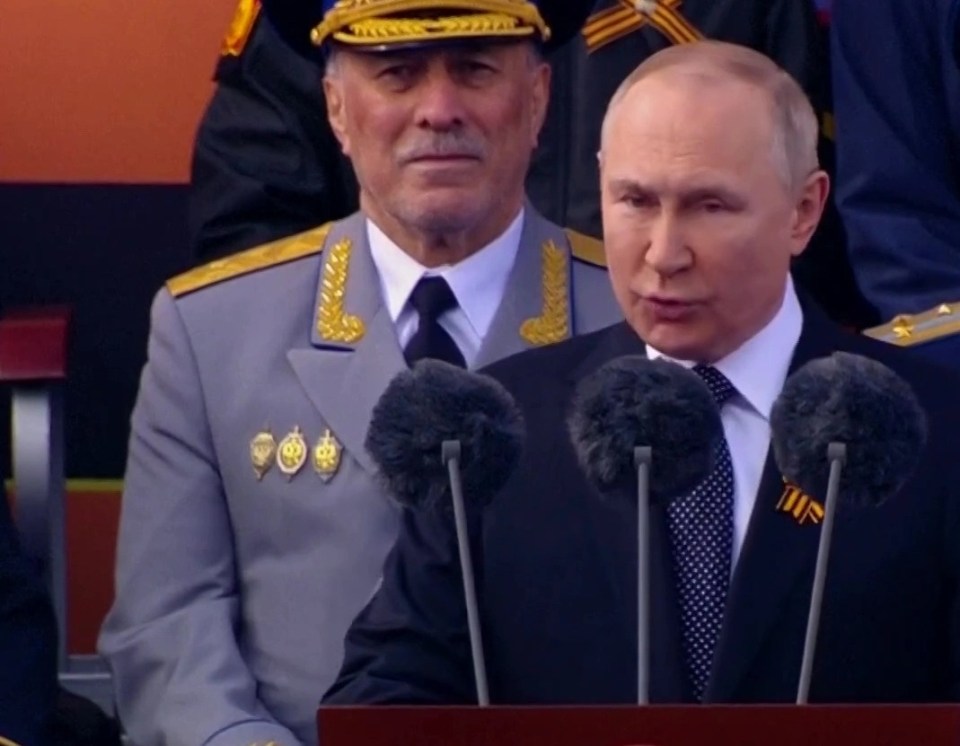 Vladimir Putin speaking at the annual parade to commemorate victory in WWII