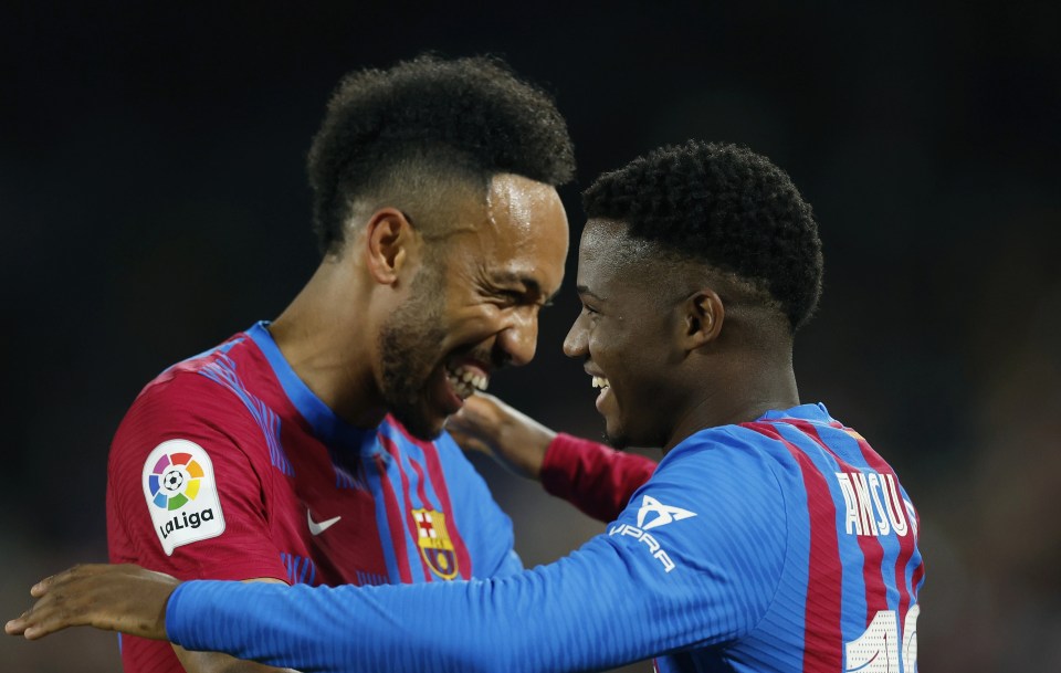 Ansu Fati celebrates scoring the winning goal with Pierre-Emerick Aubameyang