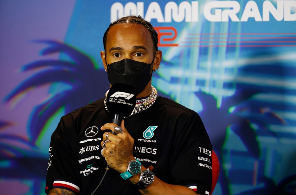 Lewis Hamilton attended his Miami press conference covered in bling