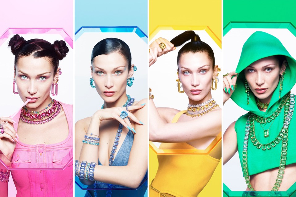 Bella Hadid posed for a series of candy-coloured snaps after being announced as a brand ambassador for jewellers Swarovski