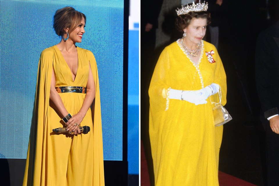 J-Lo looked positively regal in this yellow gown, similar to the one worn by her Majesty on a 1977 state visit to Canada