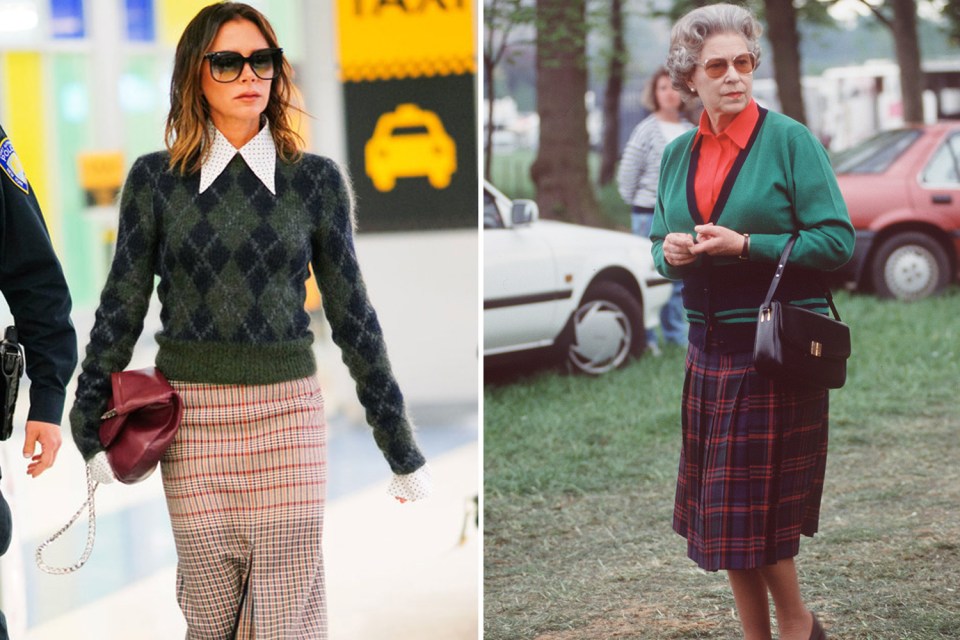 Posh, 48, appeared to be inspired by an off-duty look of green knit and checked skirt worn by Her Majesty