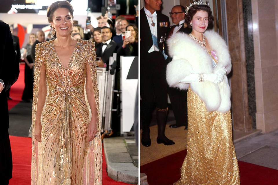 Kate, 40, chose a gold dress similar to the one the Queen dazzled in at a London hotel in 1963