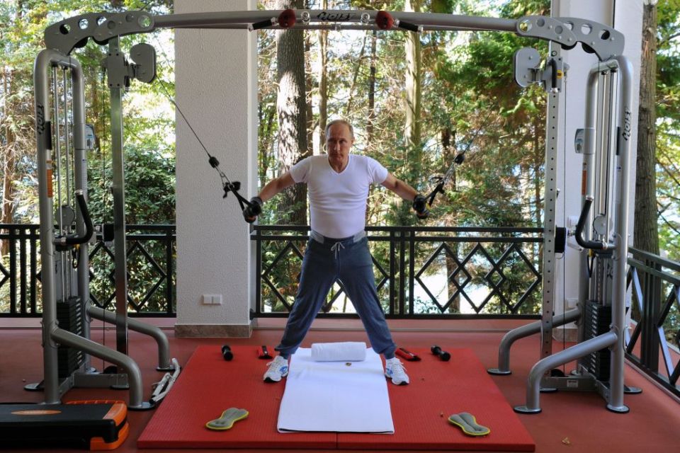 2015: Fitness-fanatic Putin works out in his home gym at his summer residence in Sochi