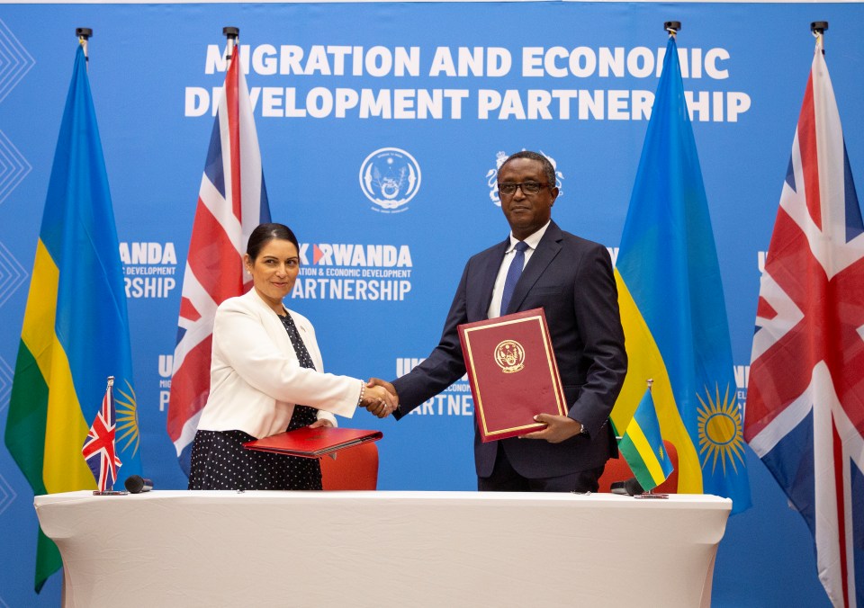 British Home Secretary Priti Patel with Rwandan Foreign Minister Vincent Biruta during a signing ceremony to rubber-stamp the deal