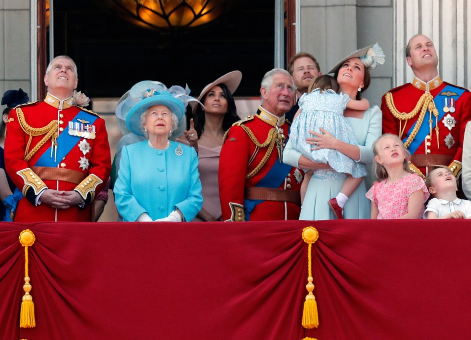 Andrew, the Queen, Meghan, Charles, Harry, Kate, and William attend Trooping the Colour in June 2018