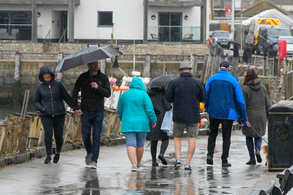 Visitors wearing waterproof jackets shelter from the rain under umbrellas