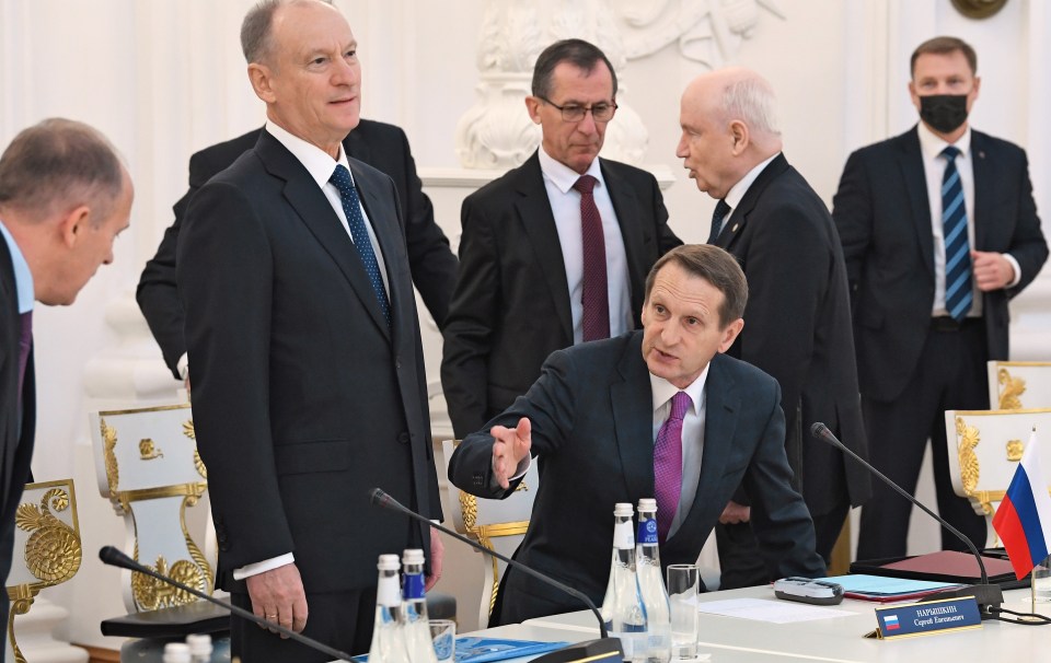 Spy bosses, including the head of Russian Foreign Intelligence Service Sergei Naryshkin (third from right), are said to be unhappy with the handling of the war