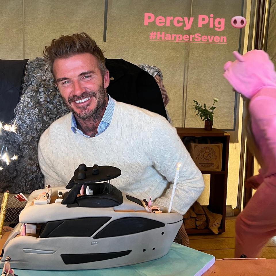 David loved his super yacht cake as Harper partied behind him in her Percy Pig onesie