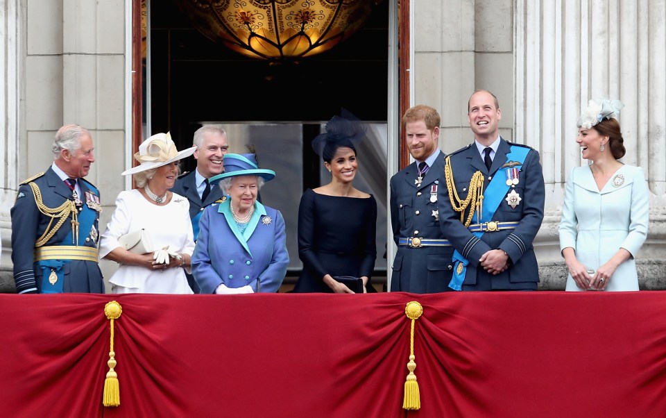 Prince Charles, Prince Andrew, Camilla, the Queen, Meghan Markle, Prince Harry,  Prince William and Kate Middleton watch the RAF flypast on the balcony of Buckingham Palace back in 2018