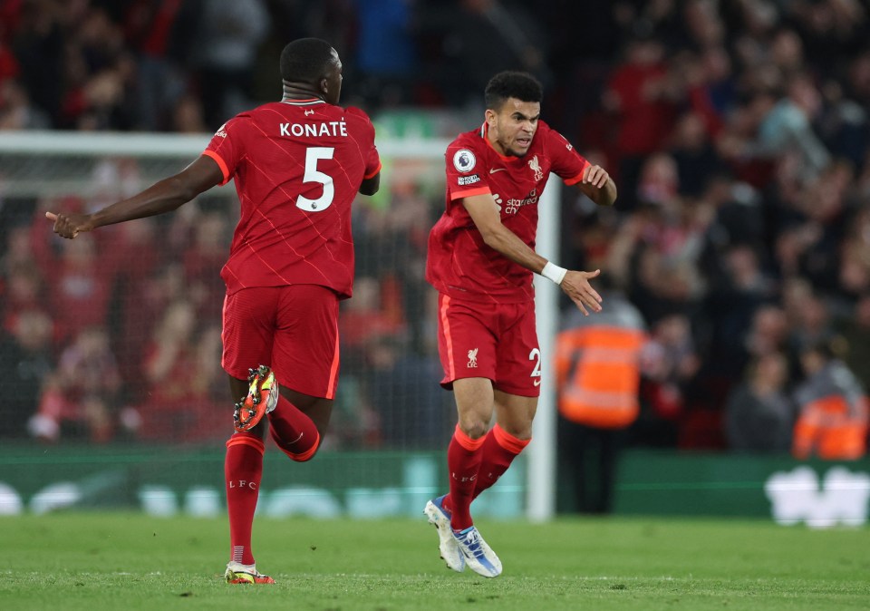 Luis Diaz celebrates his equaliser with Ibrahima Konate