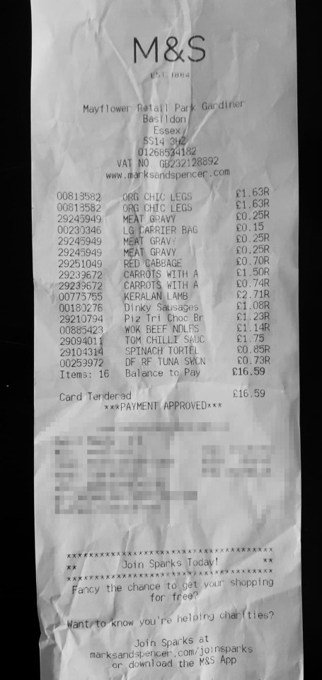 Kerensa's M&S receipt