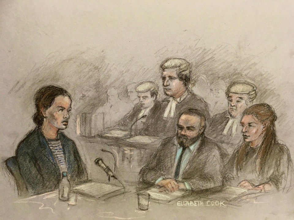 Court sketch of Vardy being questioned