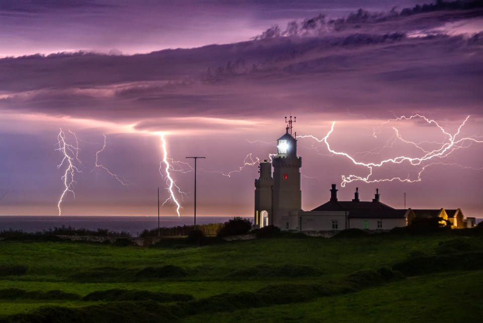 Tonight's blast follows storms in the early hours of Sunday morning, when lightning illuminated the English Channel at St Catherine’s Lighthouse on the Isle of Wight