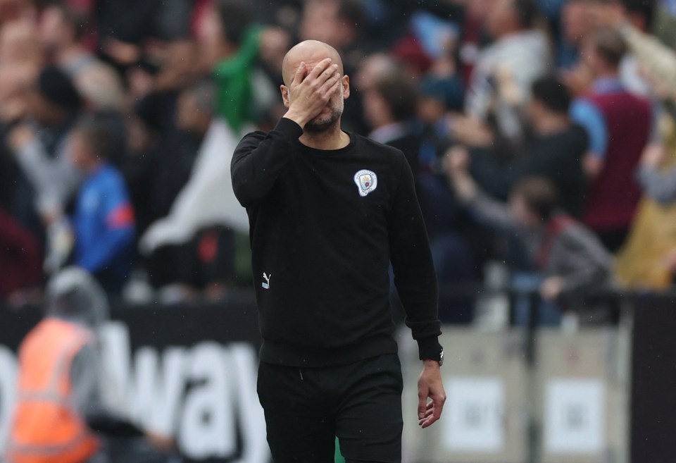 Pep later had to face palm after Riyad Mahrez missed a late penalty which would have won City the game and put one hand on the Premier League title