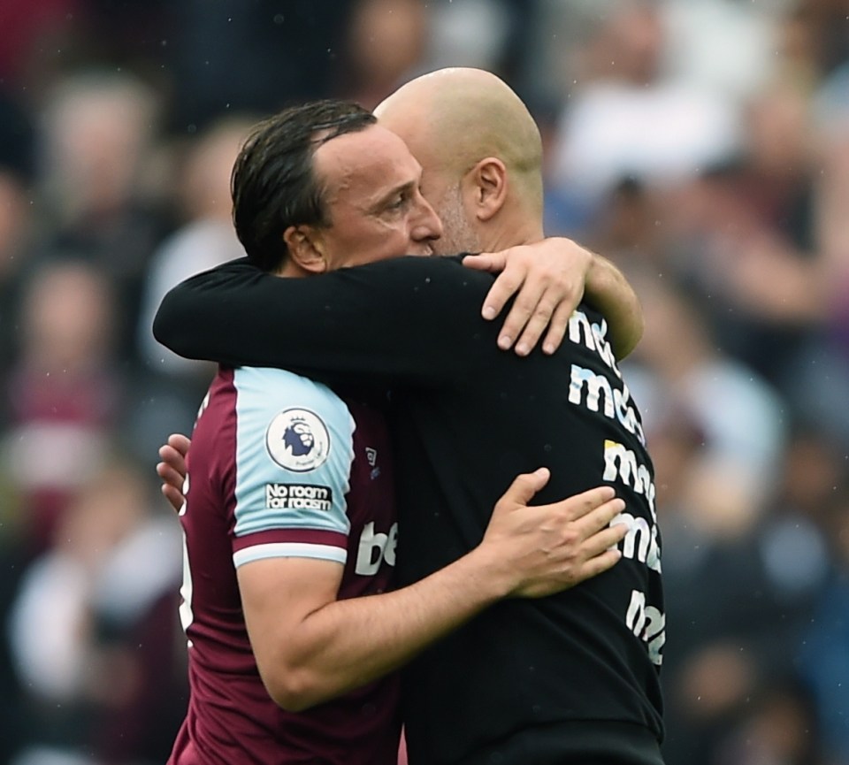 Guardiola spoke to West Ham captain Mark Noble as he came on for his final home game for West Ham