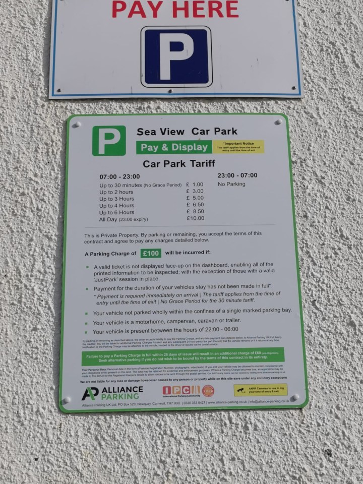 Signage at the Sea View Car Park in New Polzeath near Padstow, Cornwall