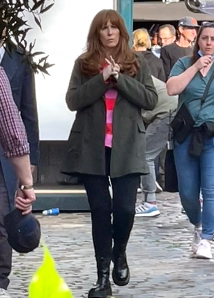 Catherine Tate couldn't be missed as she filmed in a striped jumper