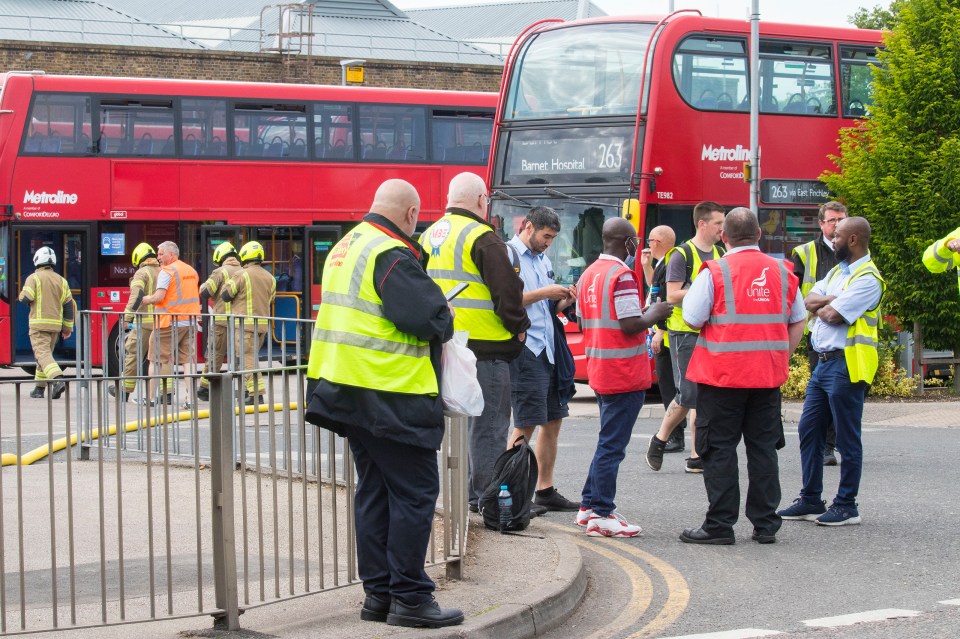 Police and firefighters are at the scene. Four buses have been torched in the inferno