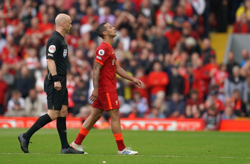 Thiago shows his frustration after being forced off with injury against Wolves