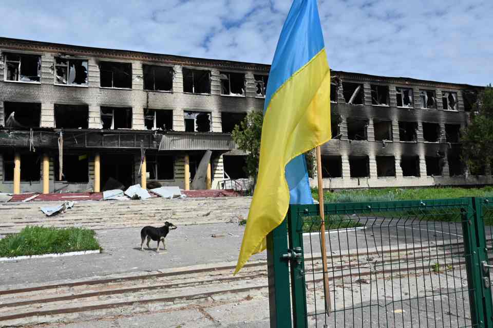 a destroyed school in Vilkhivka village, near Kharkiv