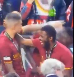 Roma aces Gianluca Mancini and Felix Afena-Gyan had an exchange during celebrations