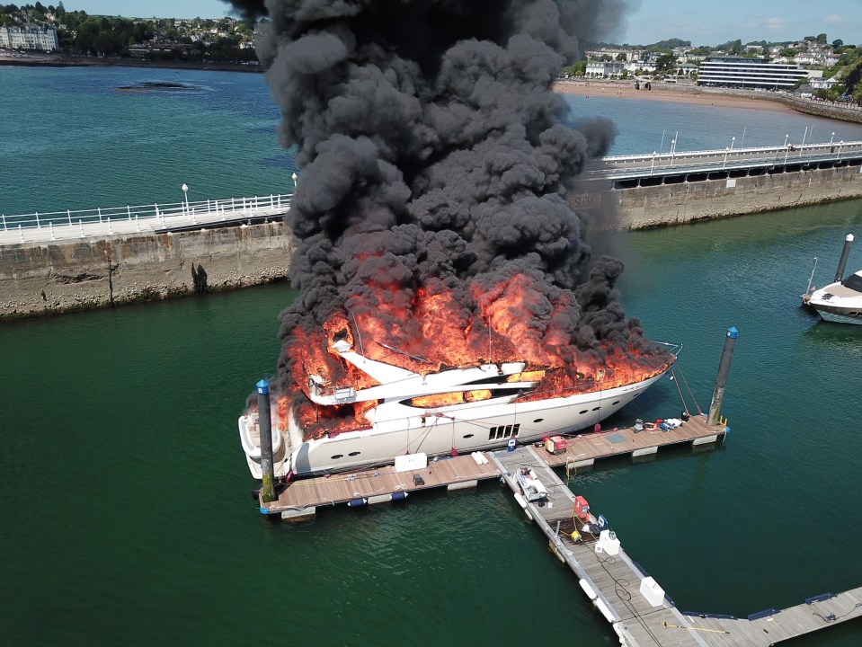 The plush 85ft superyacht was engulfed by flames in minutes after drifting from its berth at ­Torquay Marina