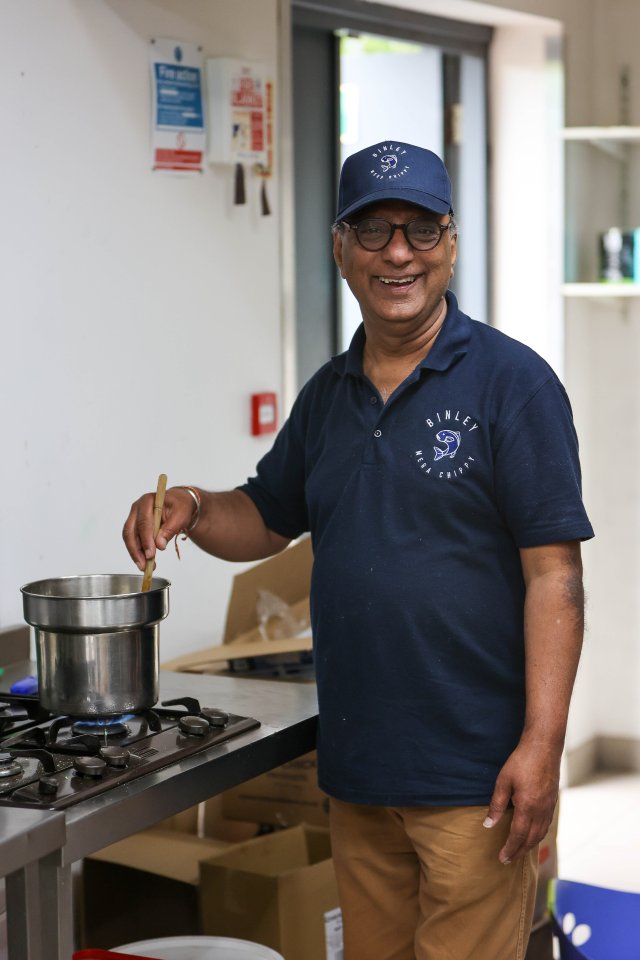 Binley Mega Chippy owner Kamal Gandhi in the kitchen making curry sauce