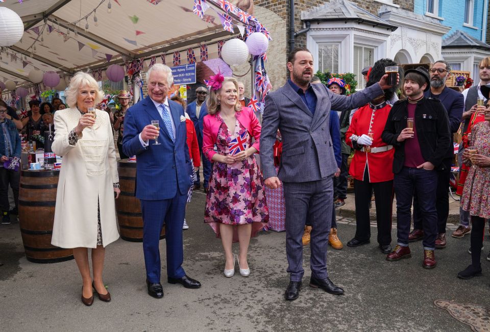 Danny Dyer and Kellie Bright join in a toast to Her Majesty with special guests Prince Charles and Camilla