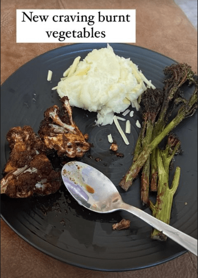 Charlotte enjoyed a plate of burnt veggies for dinner