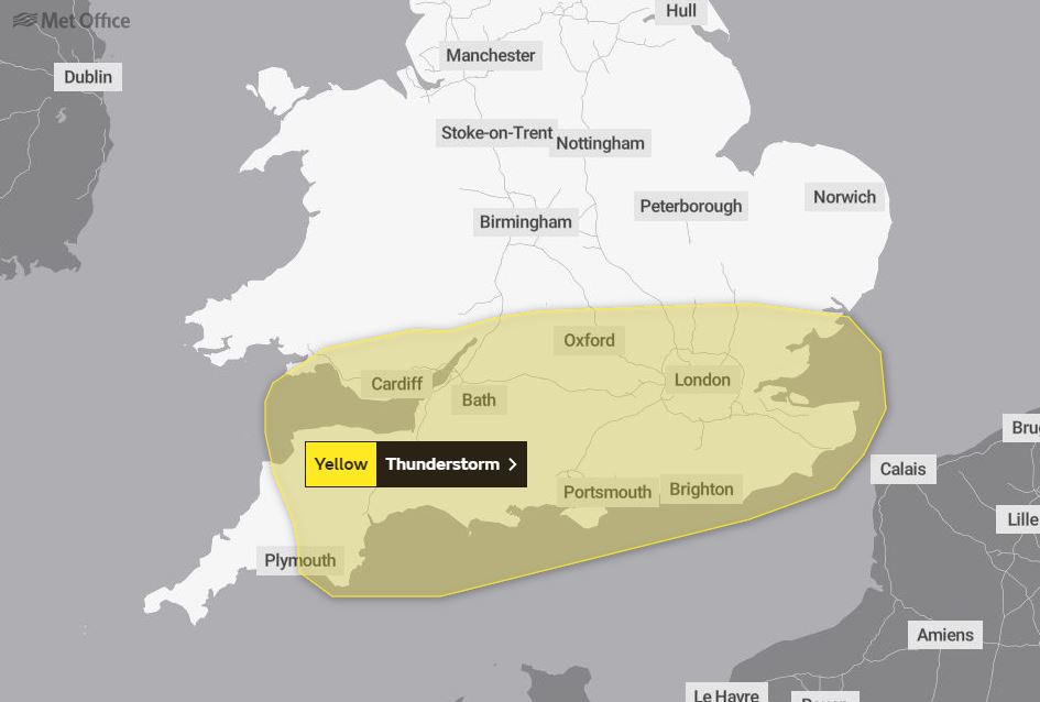 A yellow weather warning for thunderstorms is in force across England and Wales