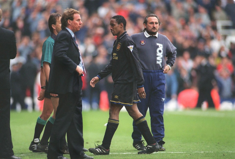 Paul Ince trudges off the pitch after West Ham held them to a famous 1-1 draw on the final day of the season in 1995