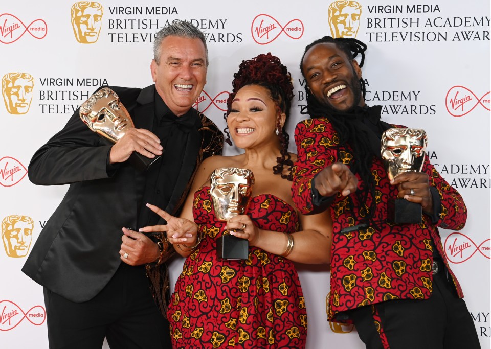 Gogglebox's Lee Riley, Mica Ven and Marcus Fletcher at the BAFTAS