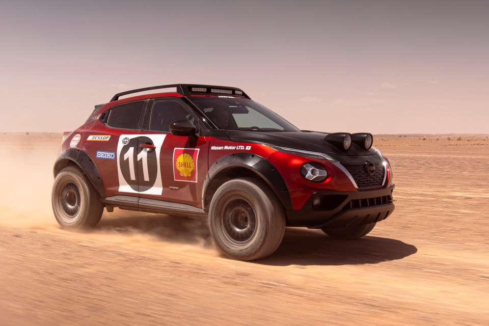 You see me here in the Sahara Desert driving this one-of-a-kind Juke hybrid rally car