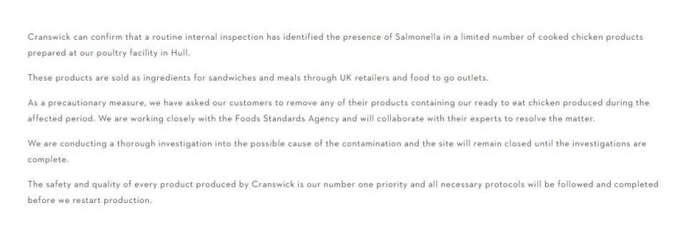 Cranswick has issued a statement on the salmonella outbreak