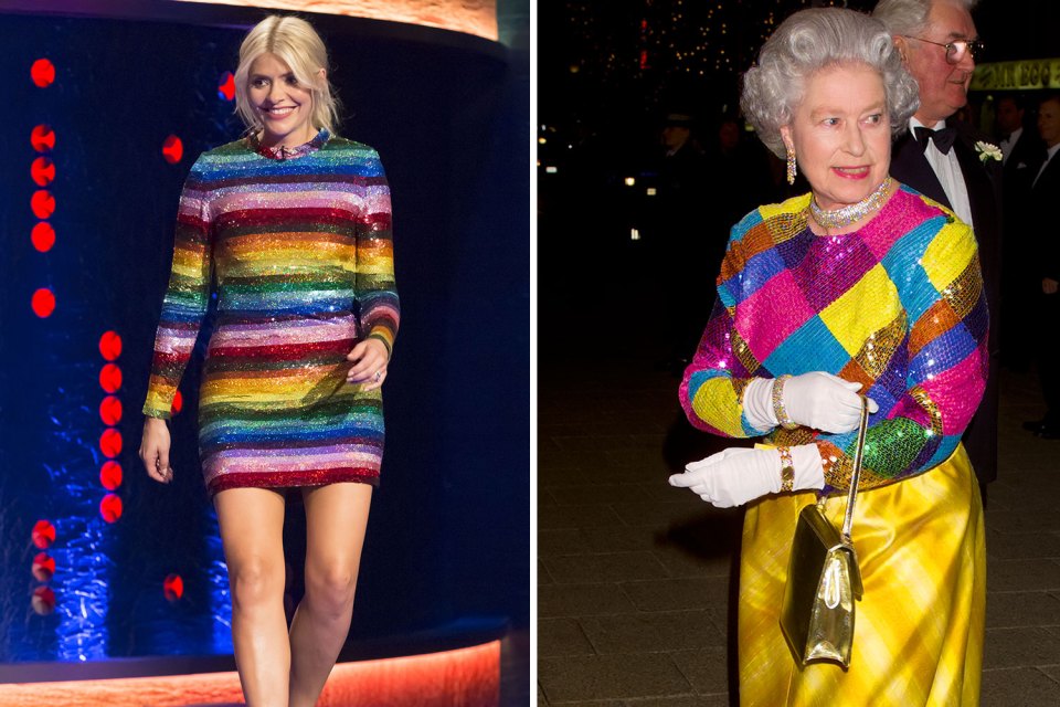 Holly, 41, wore a sparkly rainbow dress that recalled one of the royal’s boldest outfits