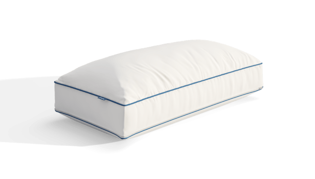 White rectangular pillow with blue trim.