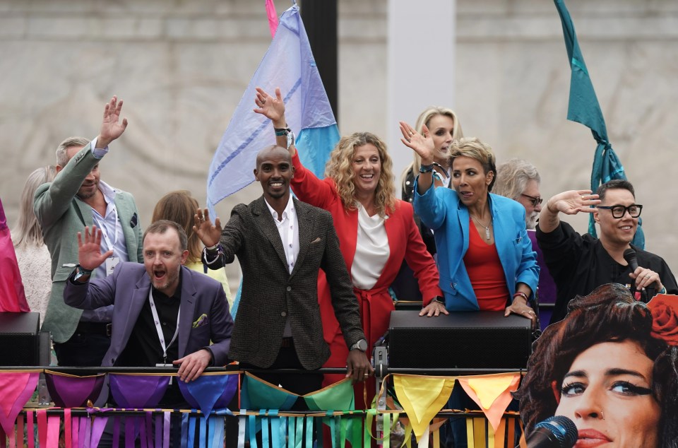 Olympic heroes Sir Mo Farah, Dame Kelly Holmes and Sally Gunnell hitched a ride on the 2000s bus bearing a giant picture of late singer Amy Winehouse