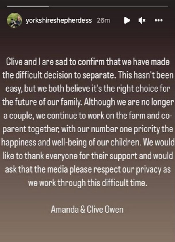 Amanda confirmed the split on Instagram, writing: 'Clive and I are sad to confirm that we have made the difficult decision to separate'