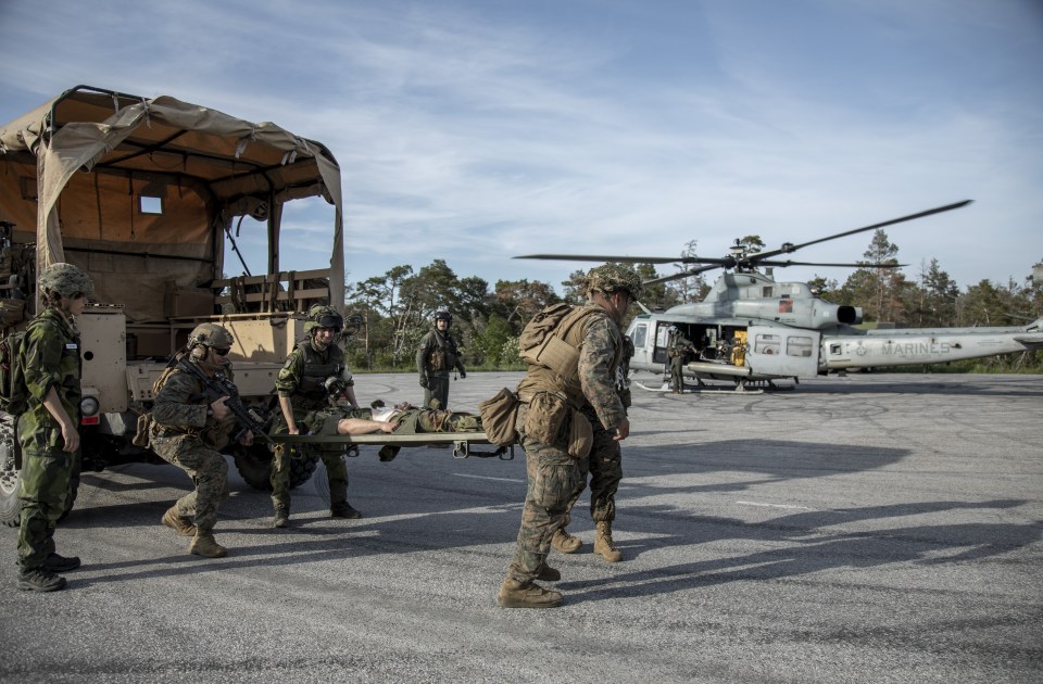 US and Swedish troops practiced evacuating a wounded comrade as they took part in drills