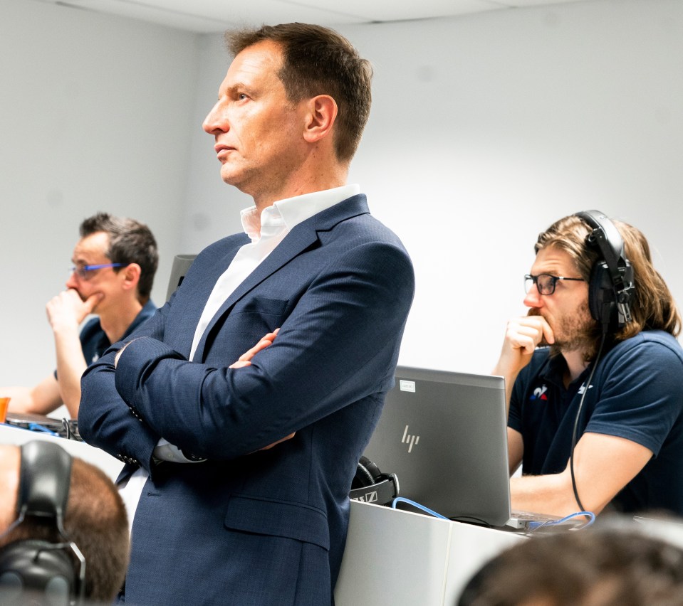 Laurent Rossi watches an F1 test in the Alpine ops room