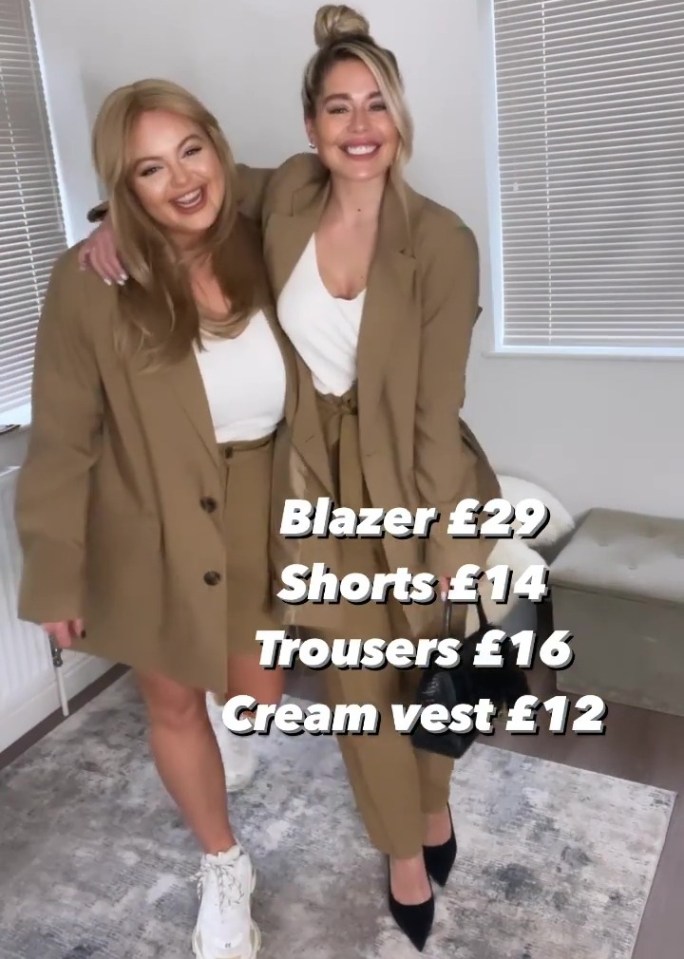 A brown blazer and white vest top was worn with trousers by Sophie and shorts by Megan