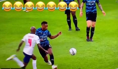 Patrice Evra wiped out Mo Farah during Soccer Aid at the London Stadium on Sunday